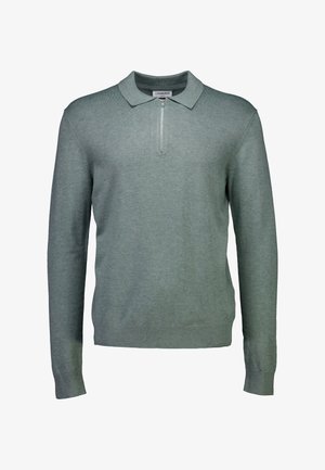 Maglione verde chiaro con maniche lunghe, collo a camicia e mezza zip frontale. Realizzato in tessuto morbido e strutturato.