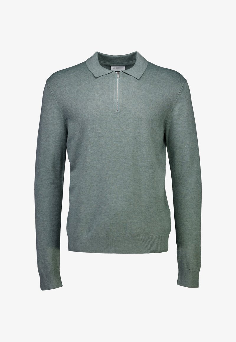 Jasnozielony sweter typu pulower z długimi rękawami, kołnierzykiem i zamkiem na pół przodu. Wykonany z miękkiego, teksturowanego materiału.