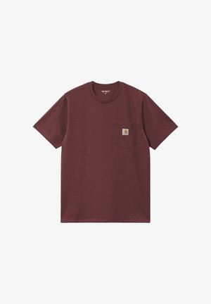 T-shirt corto bordeaux in cotone morbido. Presenta una tasca sul petto con un'etichetta a logo quadrato. Vestibilità regolare con scollo rotondo.