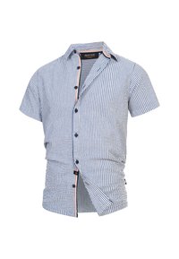 Kortærmet skjorte med knapper i blå og hvide striber, med krave, mørke knapper og en diskret farvet kant langs placket.