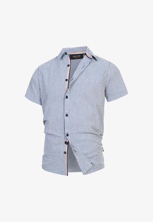 Short-sleeve button-up shirt in blue and white stripes, featuring a collar, dark buttons, and a subtle colored edge along the placket.