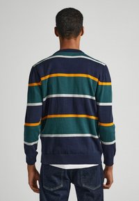 Man som bär en navy, grön, vit och orange randig tröja stående med ryggen mot kameran mot en enhetlig bakgrund.