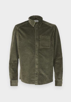 Olive green corduroy shirt with long sleeves, button-down collar, front pocket, and vertical ribbed texture. Features button front closure.