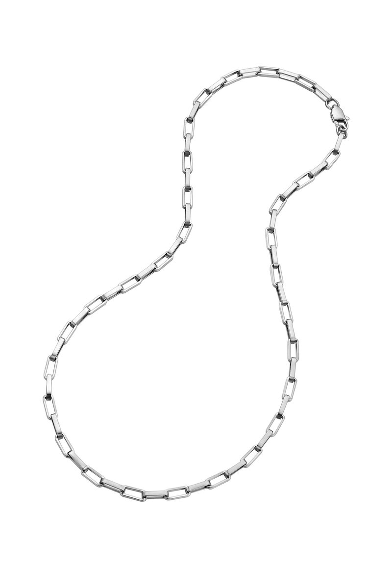 Sølv kædeddække med forlængede, rektangulære led med poleret overflade og en sikker lås.