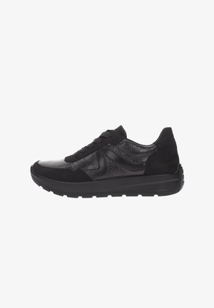 Black low-top sneaker with textured leather and suede panels, black laces, and a thick rubber sole.