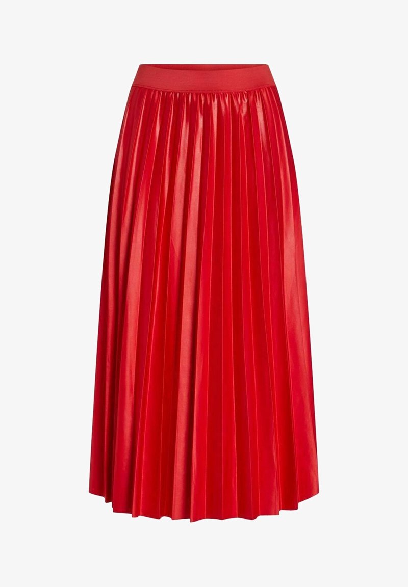 Jupe midi plissée rouge avec une taille ajustée et une texture de tissu lisse et brillante.