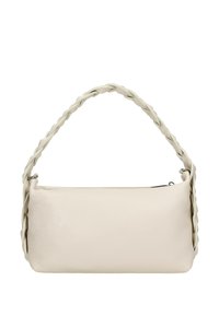 Borsa a mano in pelle color crema con una tracolla intrecciata, forma rettangolare, chiusura con zip e superficie testurizzata. Design semplice ed elegante.