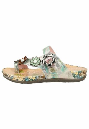 Damesandal med åben tå, med flerfarvet blomsterprint, tre dekorative blomsterudsmykninger og polstret sål.