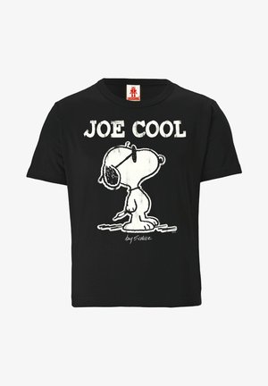 Black T-shirt with white cartoon Snoopy wearing sunglasses and text "JOE COOL" above the character.