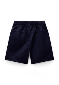 Mörkblå badshorts med elastisk midja, slät yta och rak skärning, designade utan fickor eller synlig hårdvara.