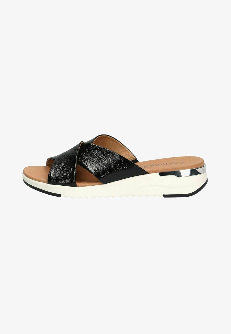 Black slide sandal with textured leather upper, cross straps, open toe, and contrasting white sole featuring a silver accent and zigzag tread.