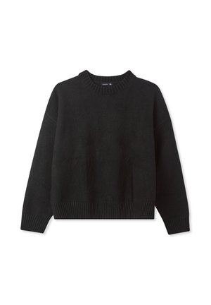Pullover nero a maglia con maniche lunghe e orli a coste, mostrato piatto su uno sfondo bianco.