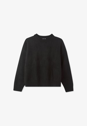 Pullover nero a maglia con maniche lunghe e orli a coste, mostrato piatto su uno sfondo bianco.