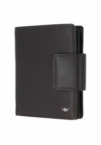 Portefeuille en cuir marron foncé avec une fermeture à pression et un petit emblème argenté dans le coin inférieur.