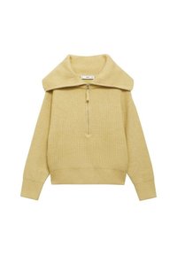 Pull jaune à fermeture éclair avec une texture côtelée, un large col et des manches longues, avec une fermeture éclair frontale sur la moitié de la longueur.