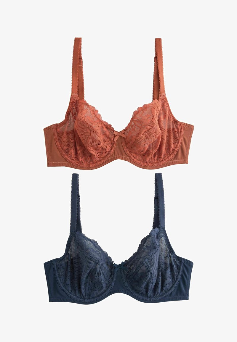 Dwa biustonosze: jeden w kolorze terakoty, drugi w granatowym. Oba mają koronkowe detale i kwiatowy wzór, z regulowanymi ramiączkami oraz kokardkami na środku.