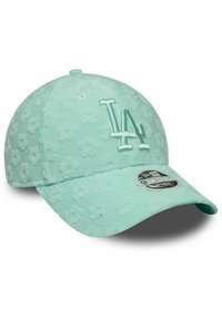 Minzgrüne Kappe mit floraler Textur, besticktem "LA"-Logo auf der Vorderseite, gebogenem Schirm und verstellbarem Riemen. Mit einem New Era-Tag.