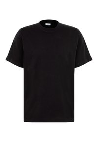 T-shirt in cotone nero con colletto rotondo classico, maniche corte e vestibilità rilassata. Texture liscia e design essenziale. Nessun motivo o accento.