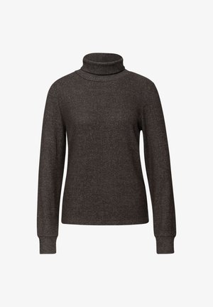 Ciemnoszary sweter z golfem i długimi rękawami, z prążkowanym kołnierzem i mankietami, gładką teksturą oraz dopasowanym krojem. Lekki, codzienny design.