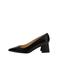 Décolleté nera in pelle con punta affusolata e tacco a blocco. Texture liscia con un design minimalista e interno marrone chiaro.