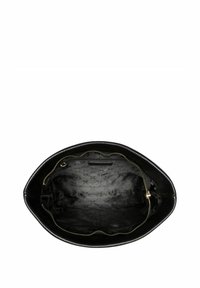 Czarna skórzana torebka na zamek błyskawiczny; wnętrze ma wzorzystą podszewkę i małą kieszeń. Miękka tekstura i zaokrąglony kształt.