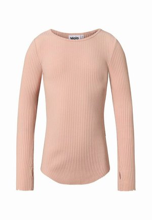 Camiseta de manga larga con canalé rosa claro, escote redondo y agujeros para el pulgar en los puños.