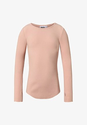 Camiseta de manga larga con canalé rosa claro, escote redondo y agujeros para el pulgar en los puños.