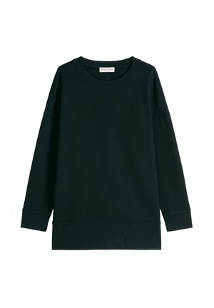Sweat-shirt noir à manches longues avec col rond, poignets et ourlet côtelés, étiquette à l'intérieur du col indiquant "Marc O'Polo".