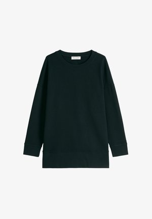 Sweat-shirt noir à manches longues avec col rond, poignets et ourlet côtelés, étiquette à l'intérieur du col indiquant "Marc O'Polo".