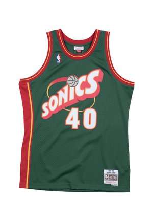 Seattle SuperSonics Basketball-Trikot Nummer 40 mit grünem Stoff, rotem und gelbem Besatz sowie NBA-Logo auf der Brust.