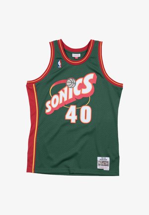 Maglia da basket dei Seattle SuperSonics numero 40, in tessuto verde con rifiniture rosse e gialle e logo NBA sul petto.
