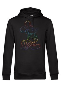 Felpa nera con una grafica frontale di Topolino in contorno arcobaleno. Presenta un cappuccio con corde e polsini e orlo a coste.