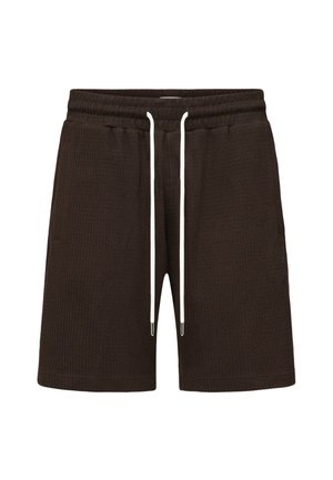 Mørkebrune teksturerede stofshorts med elastik i taljen og lange hvide snore, vist på en ensfarvet hvid baggrund.