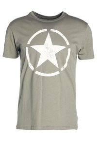 Camiseta de algodón verde oliva con mangas cortas y escote redondo. Presenta un gran gráfico de estrella blanca desgastada en un contorno circular.
