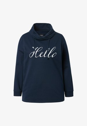 Navyblaues Sweatshirt mit Cowl-Neck, langen Ärmeln und weißen "Hello"-Buchstaben auf der Vorderseite. Hergestellt aus weichem, glattem Stoff.