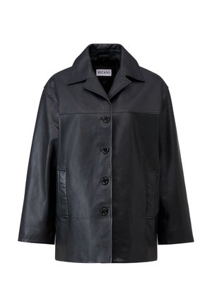 Schwarze Lederjacke mit umschlagenem Kragen, sechs Knopfverschluss, zwei Fronttaschen und einer glatten Textur. Verfügt über kontrastierende Materialien.