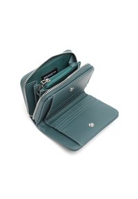 Portafoglio zip in teal realizzato in materiale testurizzato, dotato di più slot per carte, una piccola tasca con zip e una chiusura a pressione sul davanti.