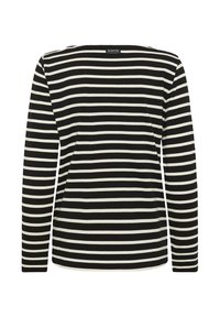 Camiseta de manga larga a rayas horizontales en blanco y negro con cuello redondo, mostrando la vista trasera y una pequeña etiqueta centrada cerca del cuello.