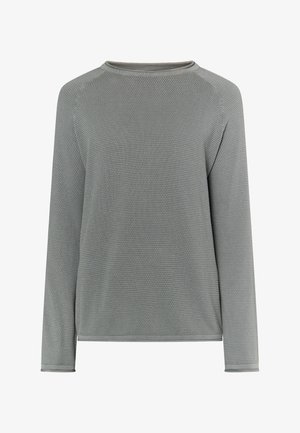 Heled hall pikad varrukad ja ümmarguse kaelusega pullover, mis on valmistatud tekstureeritud kangast ning millel on peen muster. Sellel on raglan-suuruses varrukad ja sirge serv.