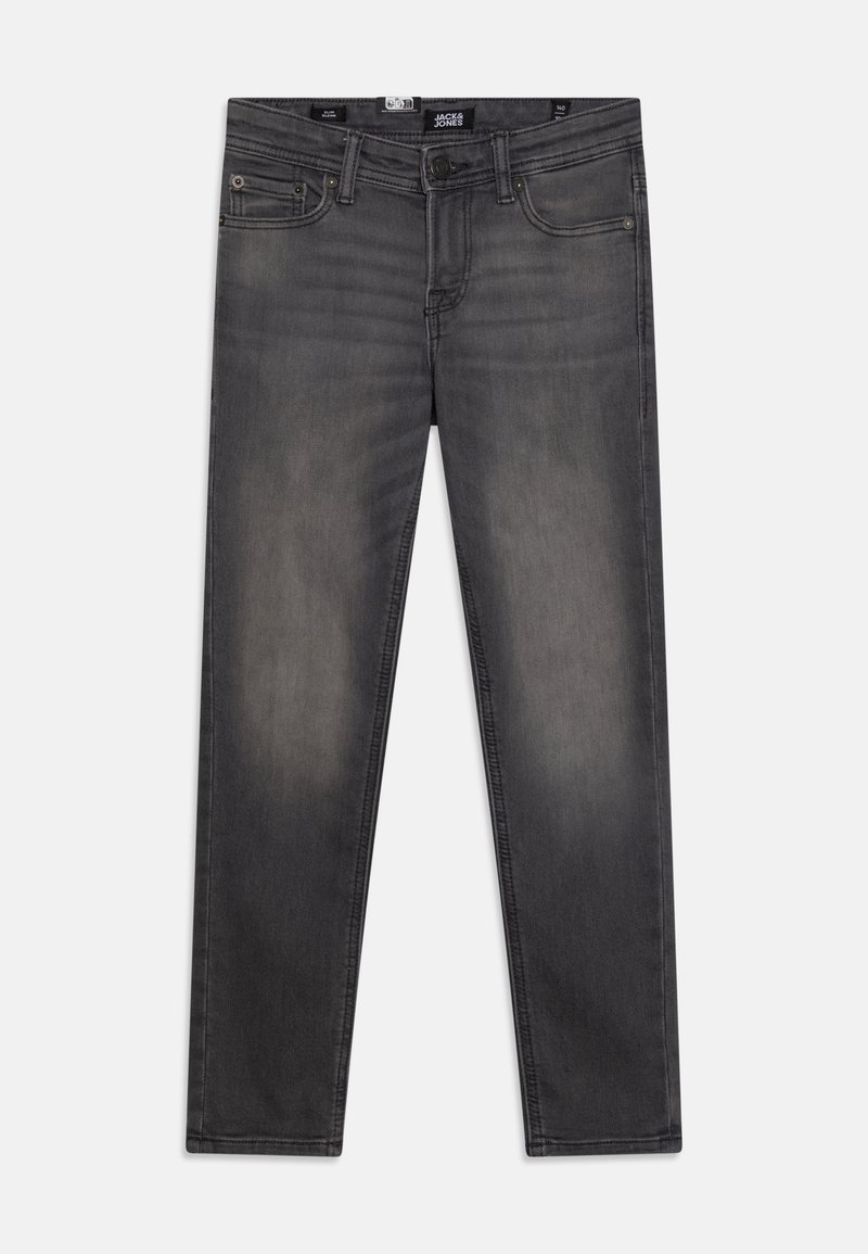Jean slim gris foncé pour homme avec lavage délavé, poches avant, passants de ceinture et fermeture par bouton signé Jack & Jones.