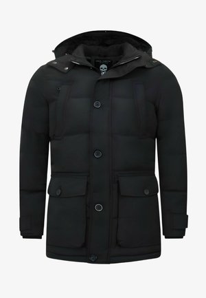 Schwarze gepolsterte Winterjacke mit Kapuze, vier vorn mit Knöpfen verschließbare Taschen, Knopfverschluss und verstellbaren Manschetten.