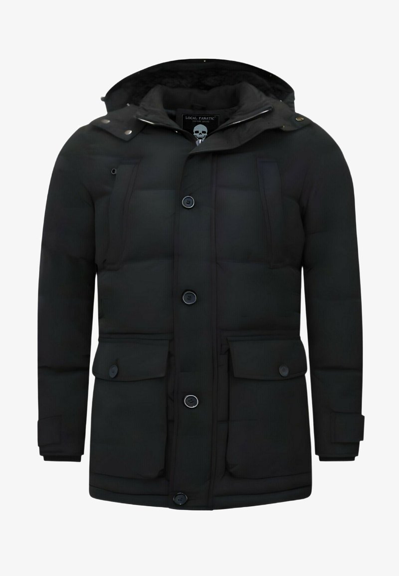 Veste d'hiver rembourrée noire avec capuche, quatre poches avant à boutons, fermeture à boutons et poignets ajustables.