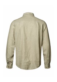 Lange mouwen shirt in licht beige linnen. Heeft een kraag, knoopmanchetten en een gestructureerd oppervlak. Achteraanzicht, met rechte zoom.