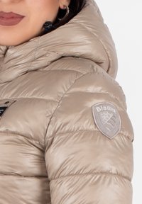 Giacca a vento imbottita color beige con una texture lucida e liscia. Presenta un cappuccio, dettagli a coste e una toppa con logo sulla manica sinistra.