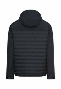 Marineblå quiltet dunjakke med hætte, der har en glat overflade, lange ærmer og elastiske manchetter for en tætsiddende pasform.