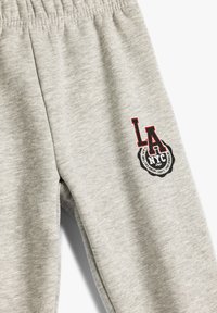 Pantalones de chándal grises hechos de una tela suave, con una cintura elástica y un logo gráfico en negro y rojo en el muslo izquierdo.
