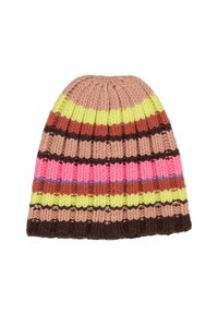 Kootud beanie erinevates roosades, kollastes, pruunides ja beežides horisontaalsetes triipudes. Omab ribakujulist tekstuuri ja ümarat pead.