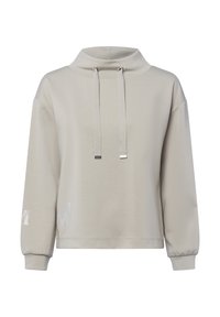 Lichtgrijze sweatshirt met een hoge kraag, trekkoorden en ribgebreide manchetten. Bevat subtiele logo-detail in zilver op de linkermouw. Glad textuur.