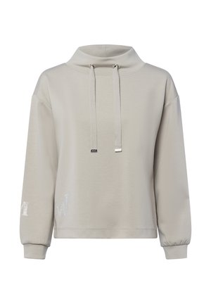 Light grey sweatshirt with a high collar, drawstrings, and ribbed cuffs. Features subtle logo detail in silver on left sleeve. Smooth texture.