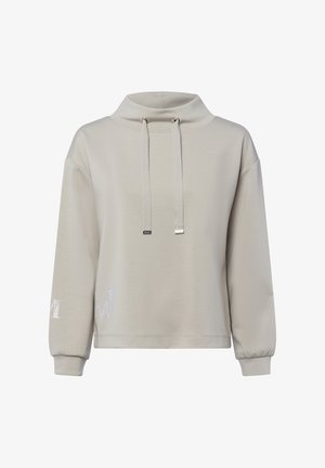 Sweatshirt gris clair avec un col haut, des cordons de serrage et des poignets côtelés. Présente un détail de logo subtil en argent sur la manche gauche. Texture lisse.